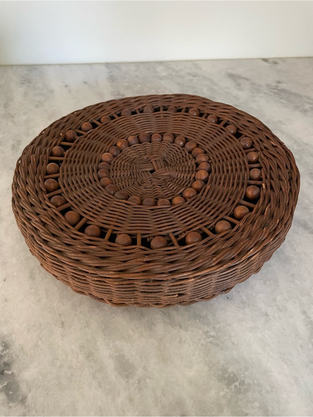 Vintage Round Wicker Button Basket with Wood Beaded Lid